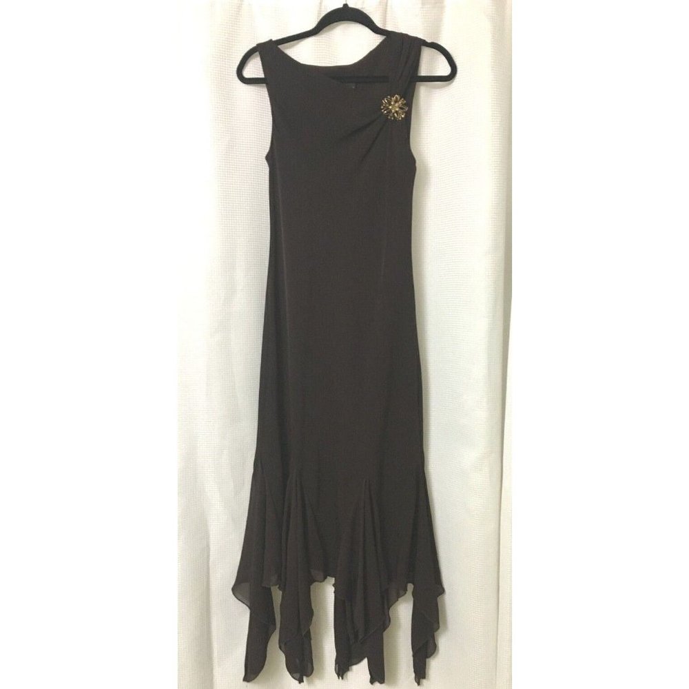 SL FASHIONS Size 10 Maxi Dress Brown Knit Sleeveless w/Brooch Holiday CLT2